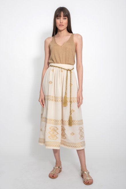 Woven skirt with handmade knitted belt ivory-rich gold