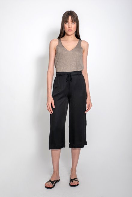 Satin cropped wide leg pants with knitted details black