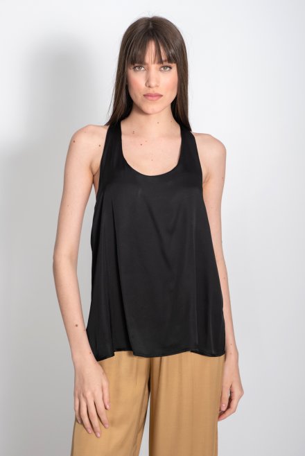 Satin tank top with handmade knitted details black