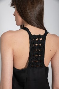 Satin tank top with handmade knitted details black