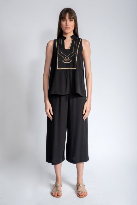 Crepe marocain sleeveless top with knitted details black