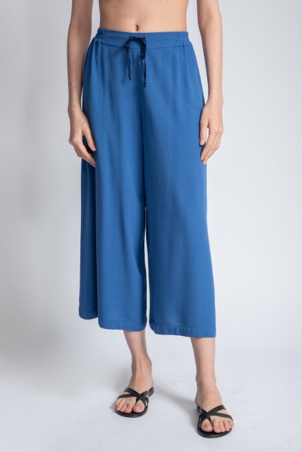 Crepe marocain cropped wide leg pants with knitted details atlantic blue