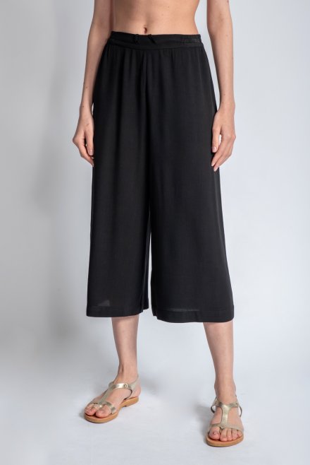 Crepe marocain cropped wide leg pants with knitted details black