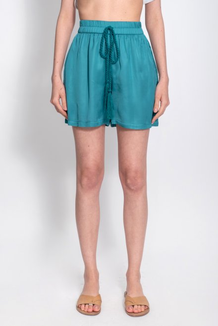Satin basic shorts with knitted details blue grass