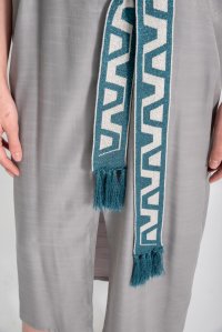 Two tone handmade fringed knitted tie belt petrol-silver beige