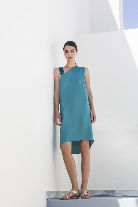 Σατινέ one shoulder φόρεμα με  πλεκτές λεπτομέρειες blue grass