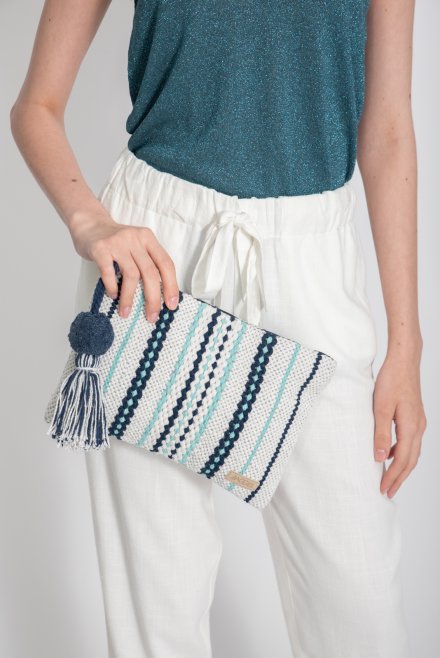 Βαμβακερή πλεκτή πολύχρωμη τσάντα φάκελος white-turquoise-navy