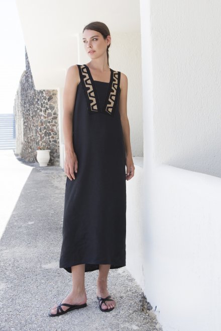 Linen sleeveless dress with knitted details black