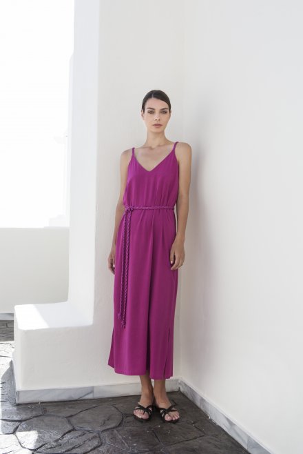 Crepe marocain midi dress with knitted details orchid flower