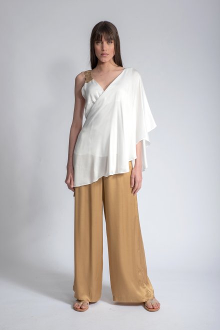 Satin asymetric top with handmade knitted details ivory