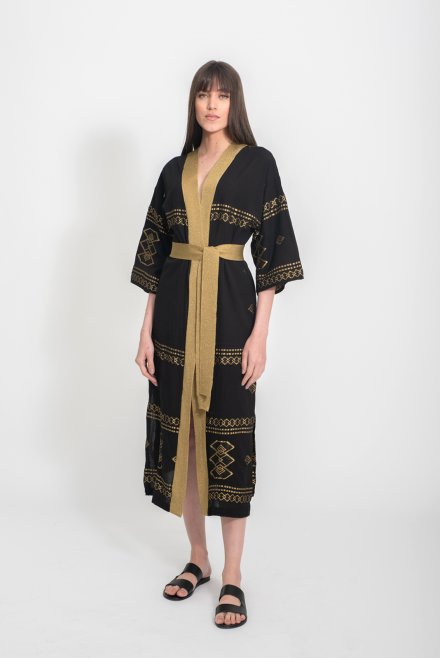 Woven kimono with knitted details black-rich gold