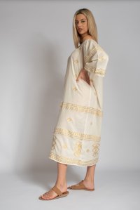 Woven mini dress with handmade knitted belt ivory-rich gold