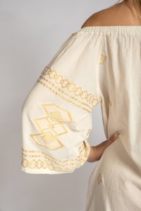 Μίνι υφαντό φόρεμα με χειροποίητη πλεκτή ζώνη ivory-rich gold