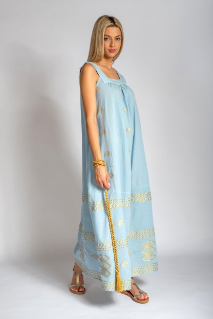 Woven maxi dress with handmade knitted belt blue sky-rich gold