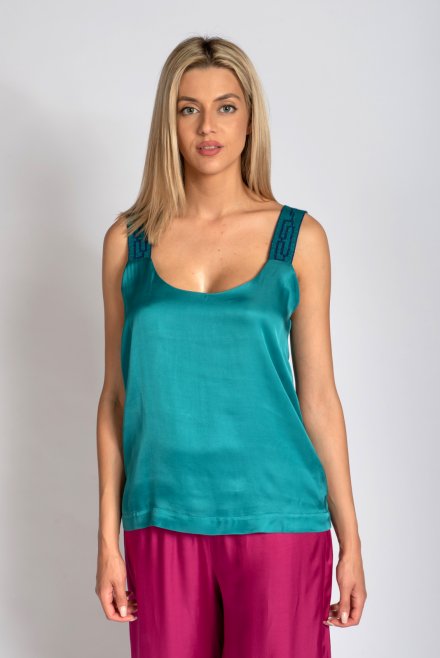 Satin tank top with knitted details blue grass