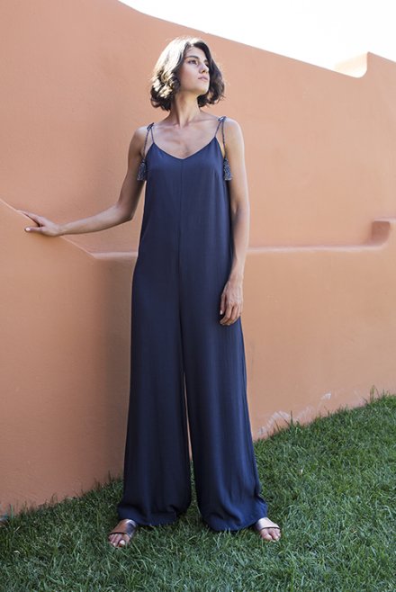 Crepe marocaine belted jumpsuit with knitted details navy