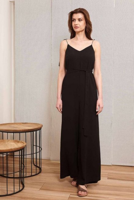 Crepe marocaine belted jumpsuit with knitted details black