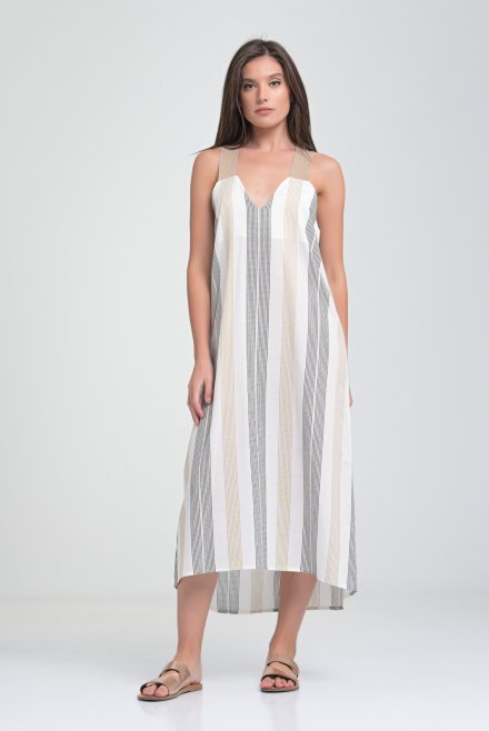 Striped midi dress with knitted details ivory-gold