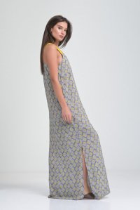 Geometric patterned maxi dress with knitted details grey-lime