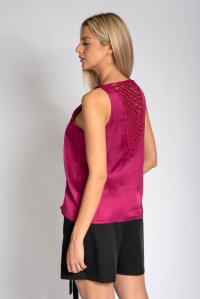 Satin blouse with handmade knitted details orchid flower