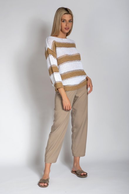 Open knit -stripped relaxed sweater tan-white