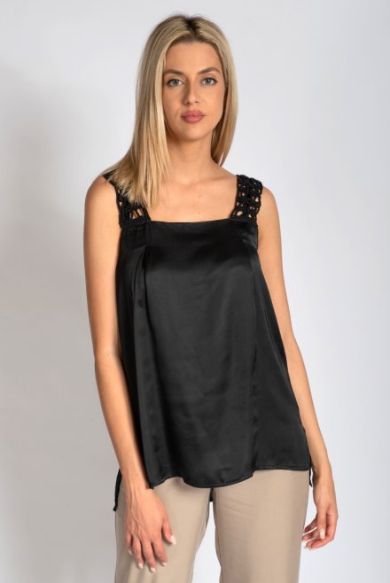 Satin top with handmade knitted details black