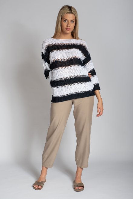 Open knit -stripped relaxed sweater navy-white