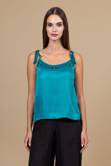 Satin camisole with handmade knitted details blue grass