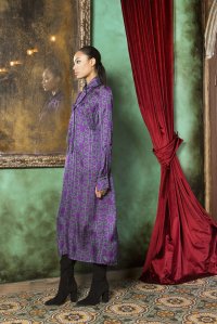 Satin printed long dress violet  green