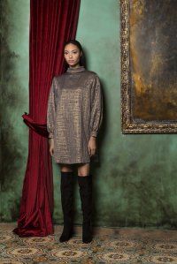 Brocade mini dress with knitted details taupe gold