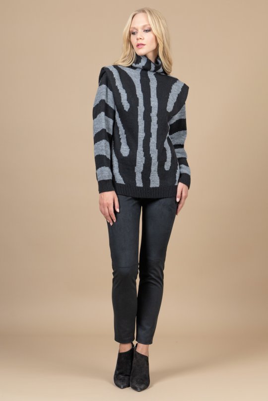 Alpaca blend zebra printed sweater black-medium grey-neon fuchsia