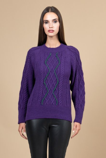 Alpaca blend cable knit sweater with handmade stiches violet