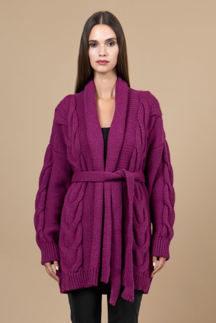 Wool blend cable knit cardigan magenta