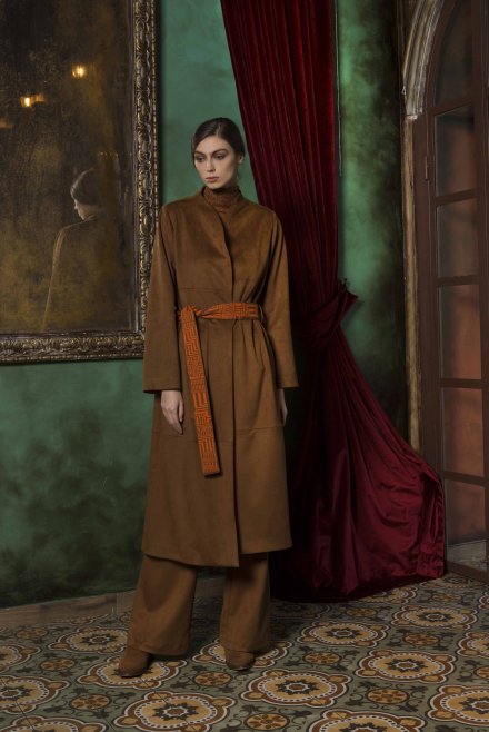 Faux suede coat with knitted belt tabac