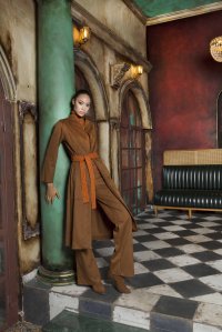 Faux suede coat with knitted belt tabac