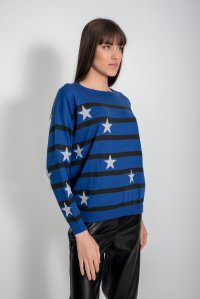 Wool blend intarcia striped sweater royal blue -anthracite-silver