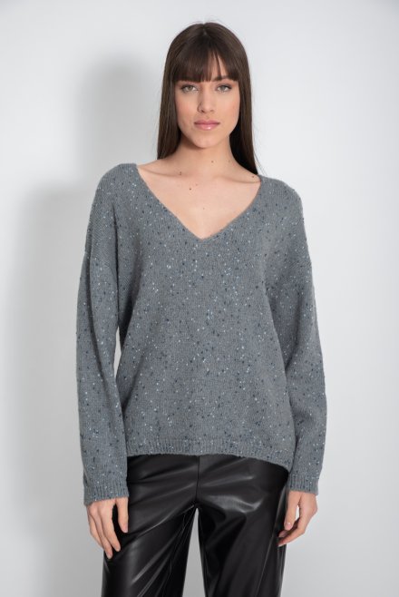 Πλεκτή tweed μπλούζα με V λαιμόκοψη light grey