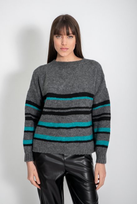 Mohair blend striped cropped sweater dark grey-black-caribbean blue