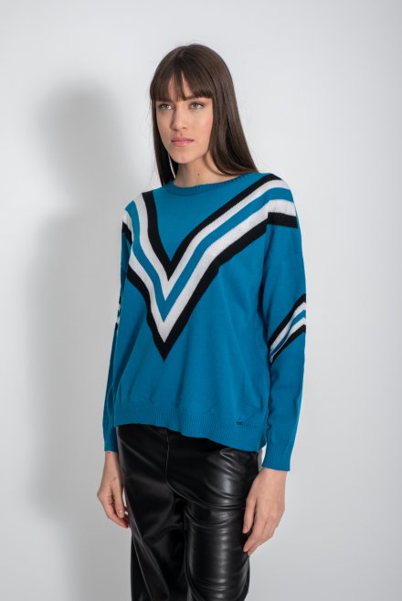 Πλεκτή μπλούζα με V stripes caribbean blue-black-ivory