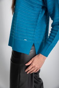 Wool blend metallic ribbed sweater caribbean blue -silver