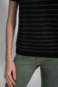 Wool blend mettalic ribbed short sleeved sweater black -silver