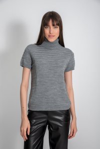 Wool blend mettalic ribbed short sleeved sweater medium grey -silver