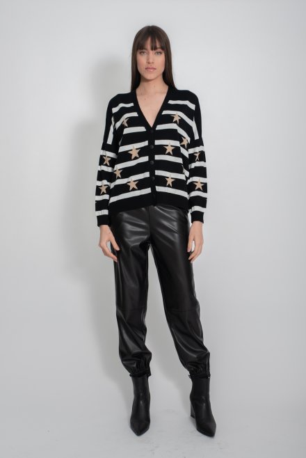 Wool blend intarsia striped cardigan black-ivory-gold