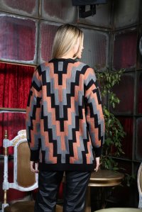 Wool blend geometric patterned cardigan black-dusty peach-steel grey
