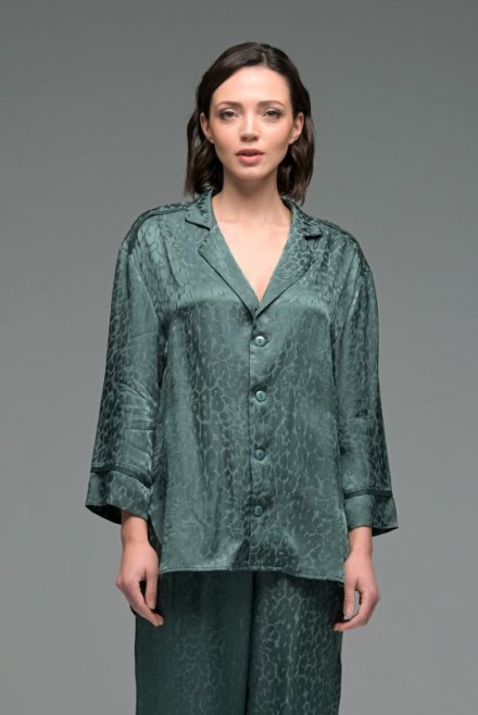 Animal print satin jacquard shirt with knitted details antique green