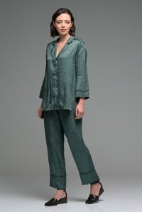 Animal print satin jacquard shirt with knitted details antique green