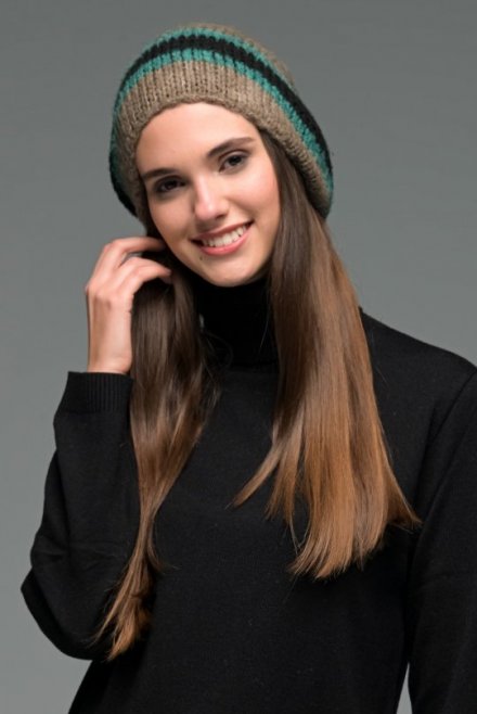 Mohair blend striped knit cap taupe-black-tropical green