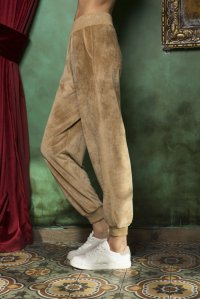 Velvet slim trackpants with knitted details camel