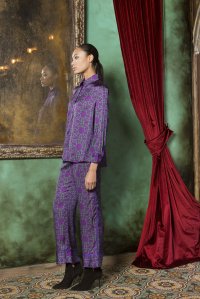 Satin mosaic pattern printed shirt with knit details violet  green