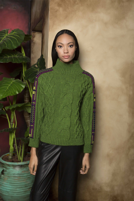 Wool blend sweater with arm multicolored  details grass